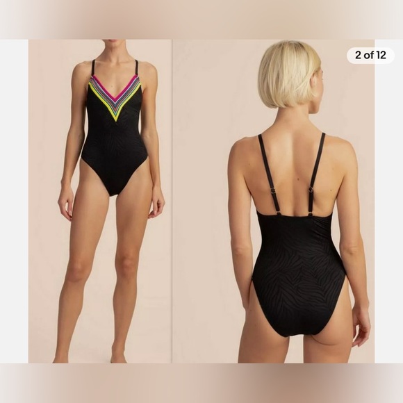 TRINA TURK BLACK & NEON PLUNGE ONE PIECE SWIMSUIT (Size 6) - Picture 10 of 10